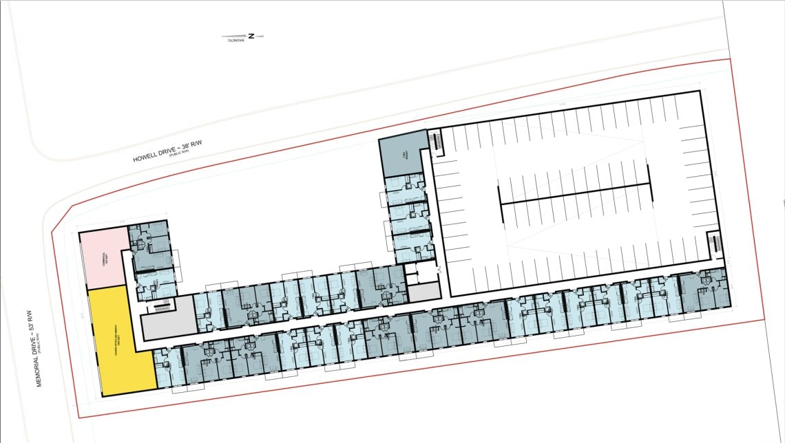Proposed floor plan for the 1119 Memorial Drive SE affordable housing development, showing units along Memorial Drive and internal parking
