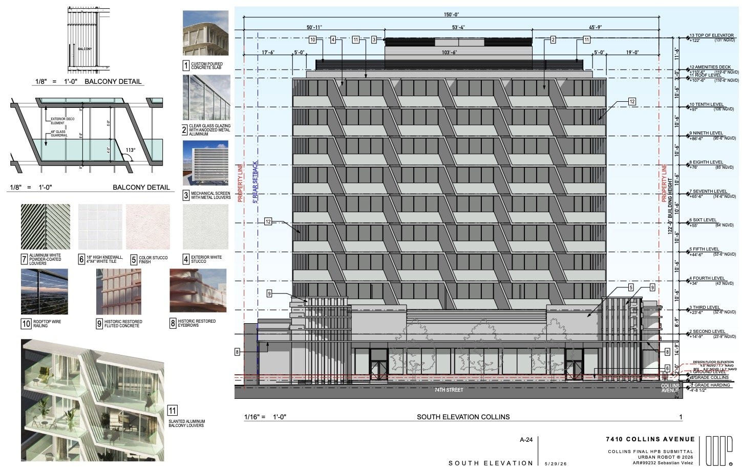 South elevation drawing for 7410 Collins Avenue from the Historic Preservation Board submittal
