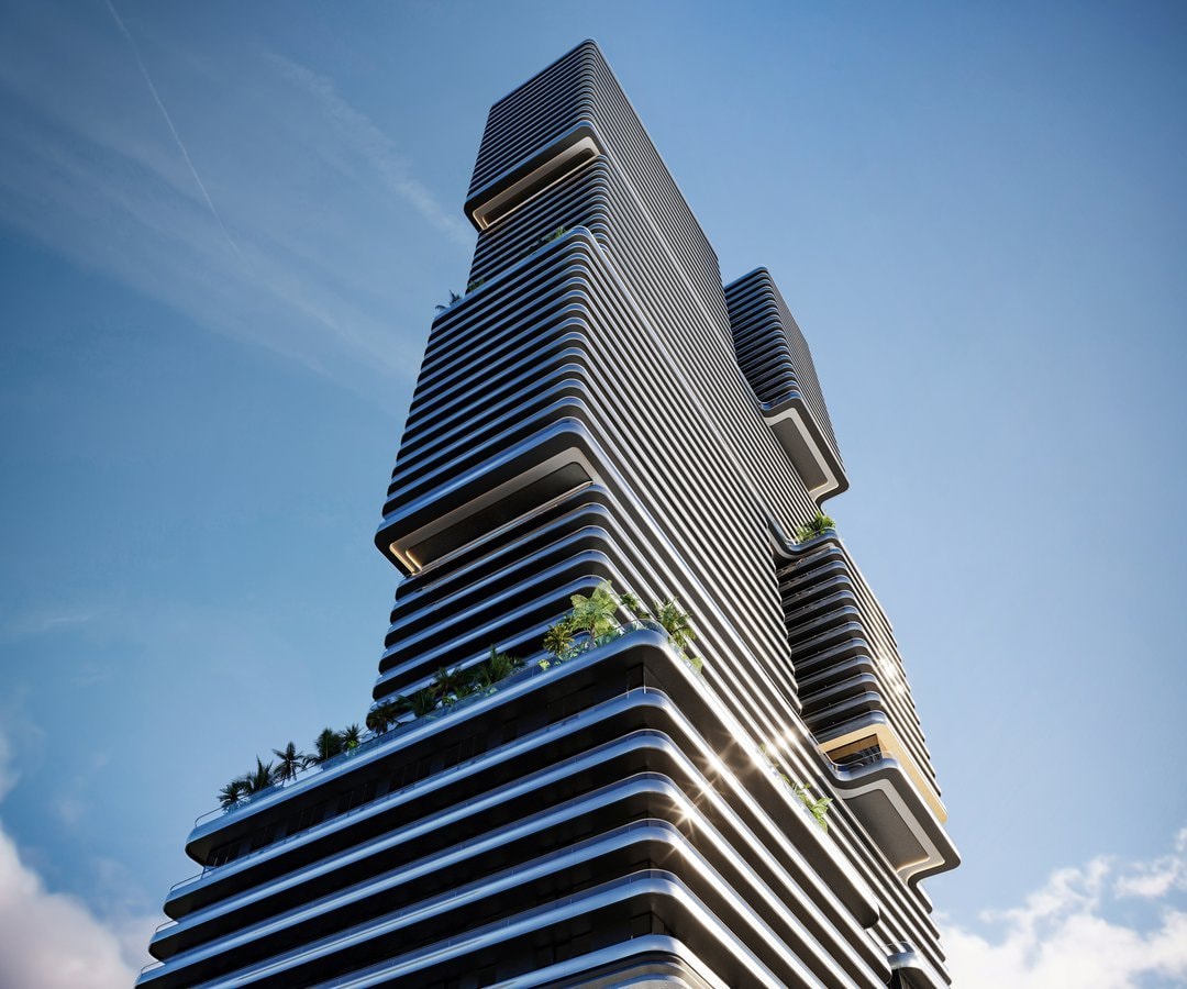 Rendering of Mercedes-Benz Places Miami's stacked tower volumes viewed from below