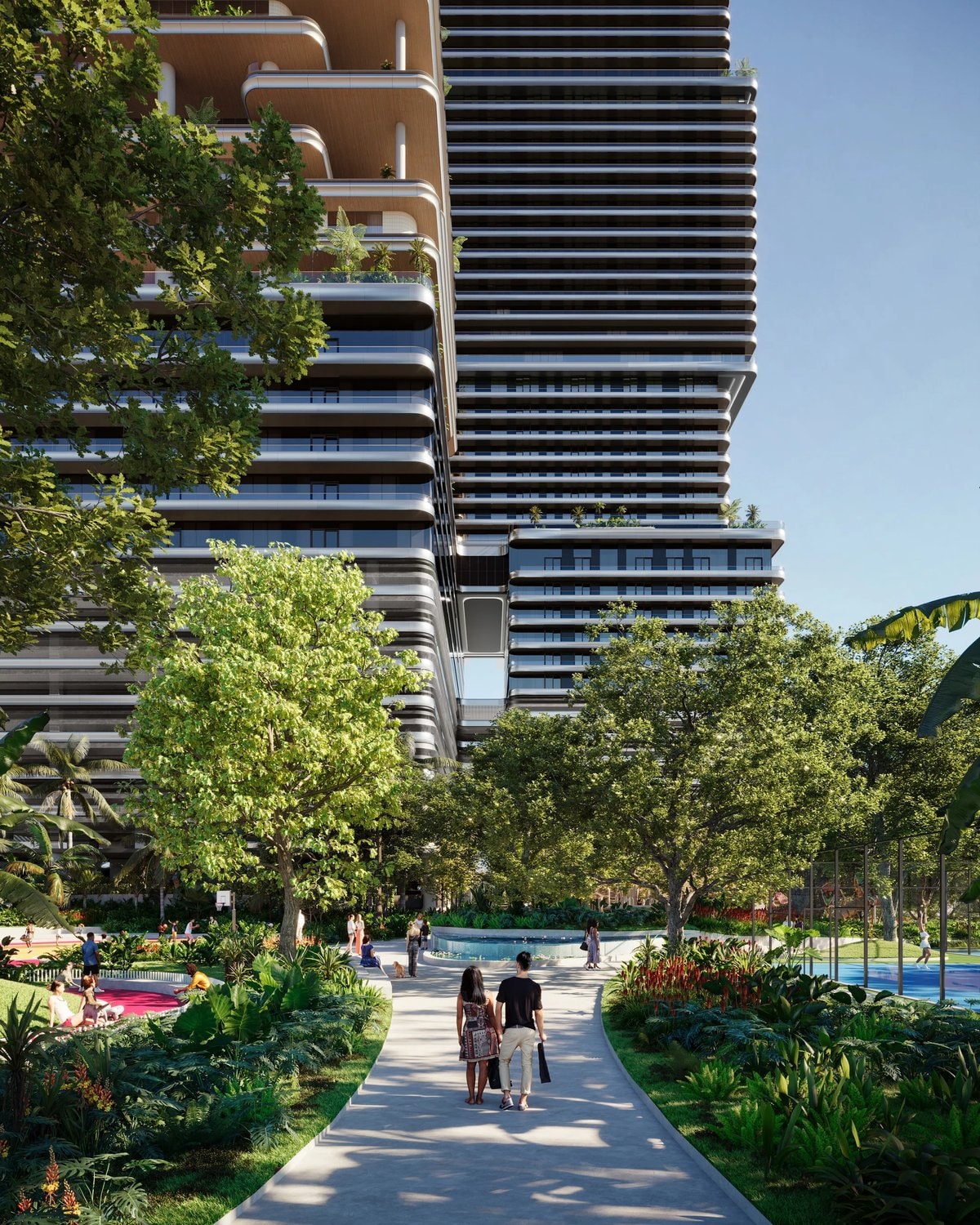 Rendering of the landscaped grounds and tower base at Mercedes-Benz Places Miami