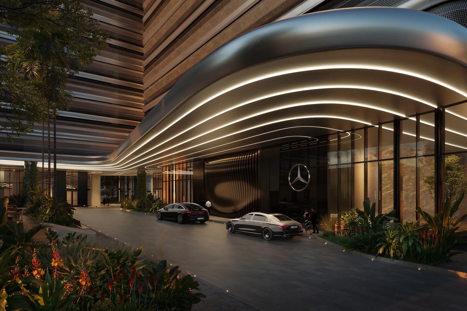 Rendering of the branded arrival porte-cochère at Mercedes-Benz Places Miami
