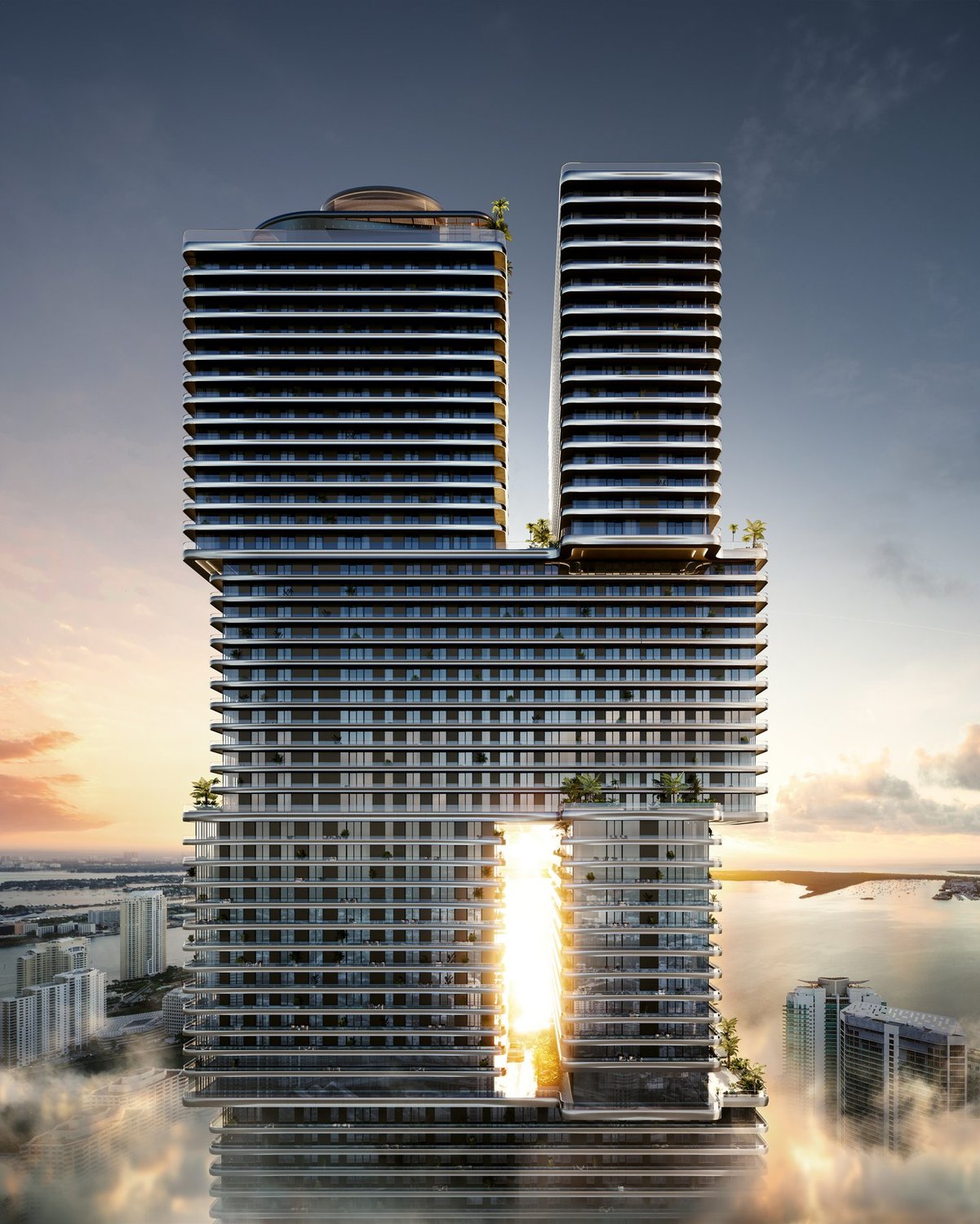 Rendering of Mercedes-Benz Places Miami at sunset, showing the tower's stacked volumes overlooking Biscayne Bay