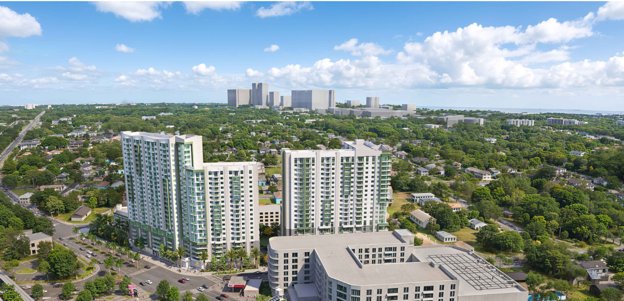 Aerial rendering of the two proposed Stirrup Plaza redevelopment towers
