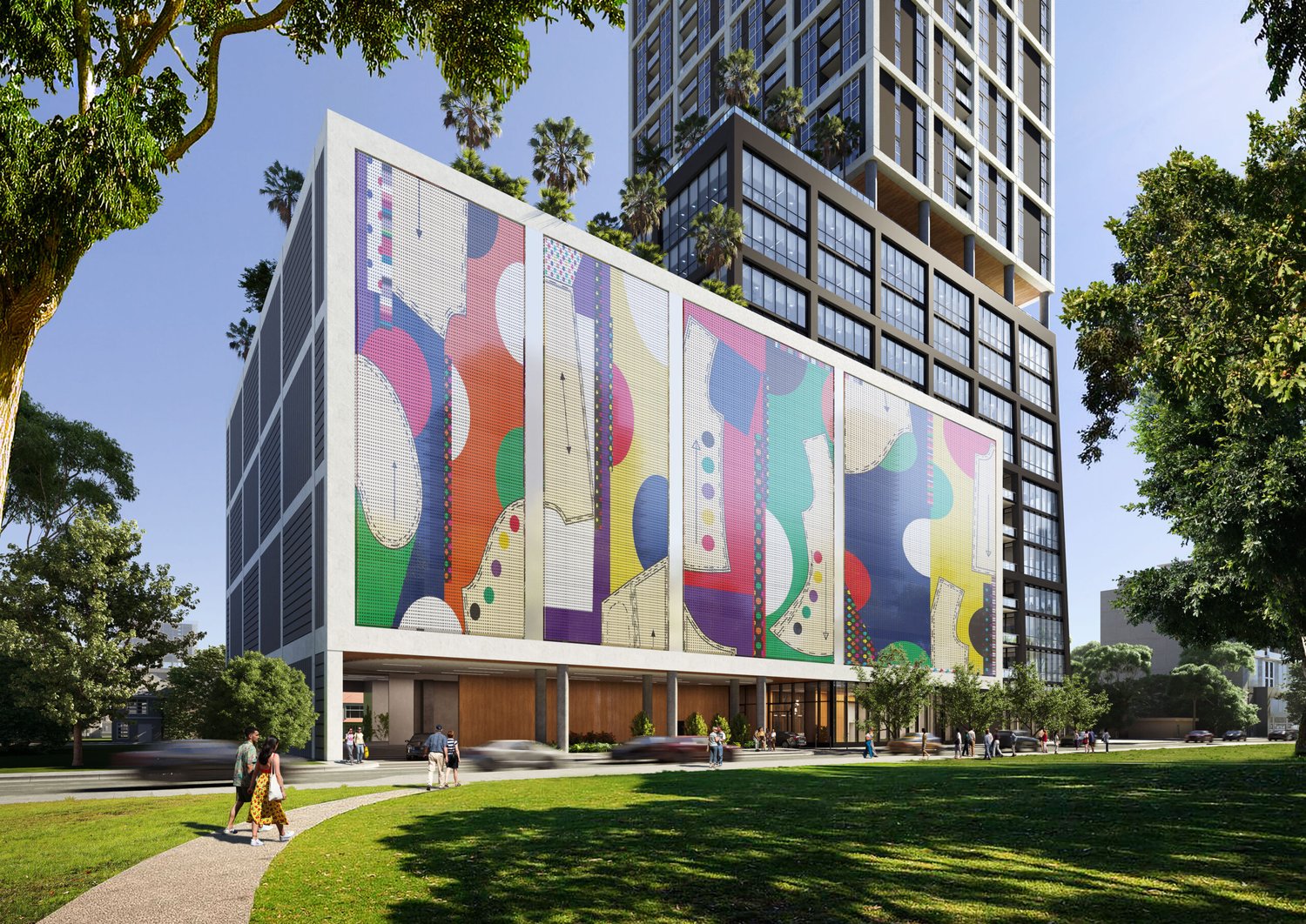 Rendering of Neo Edgewater's art-wrapped parking podium with the residential tower behind
