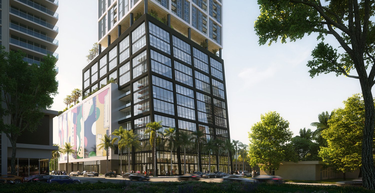 Street-level rendering of Neo Edgewater's podium and tower at 2600 Biscayne Boulevard