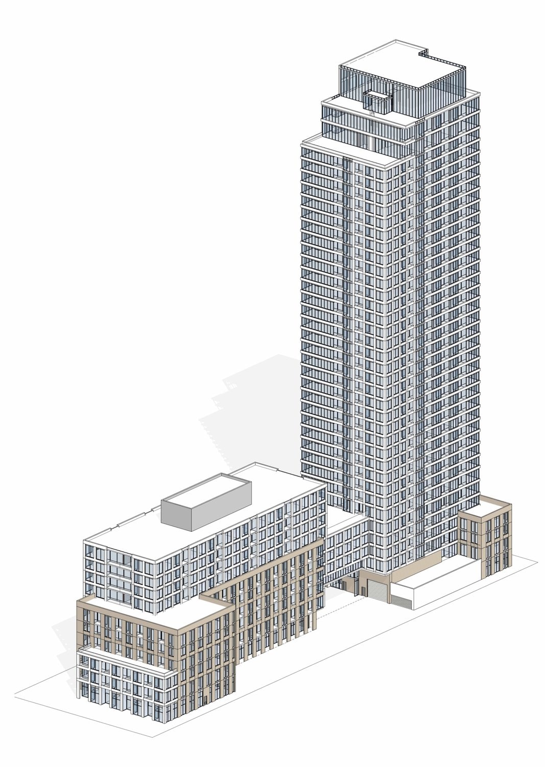 Axonometric view of the proposed tower and podium at 3252 Sheppard Avenue East