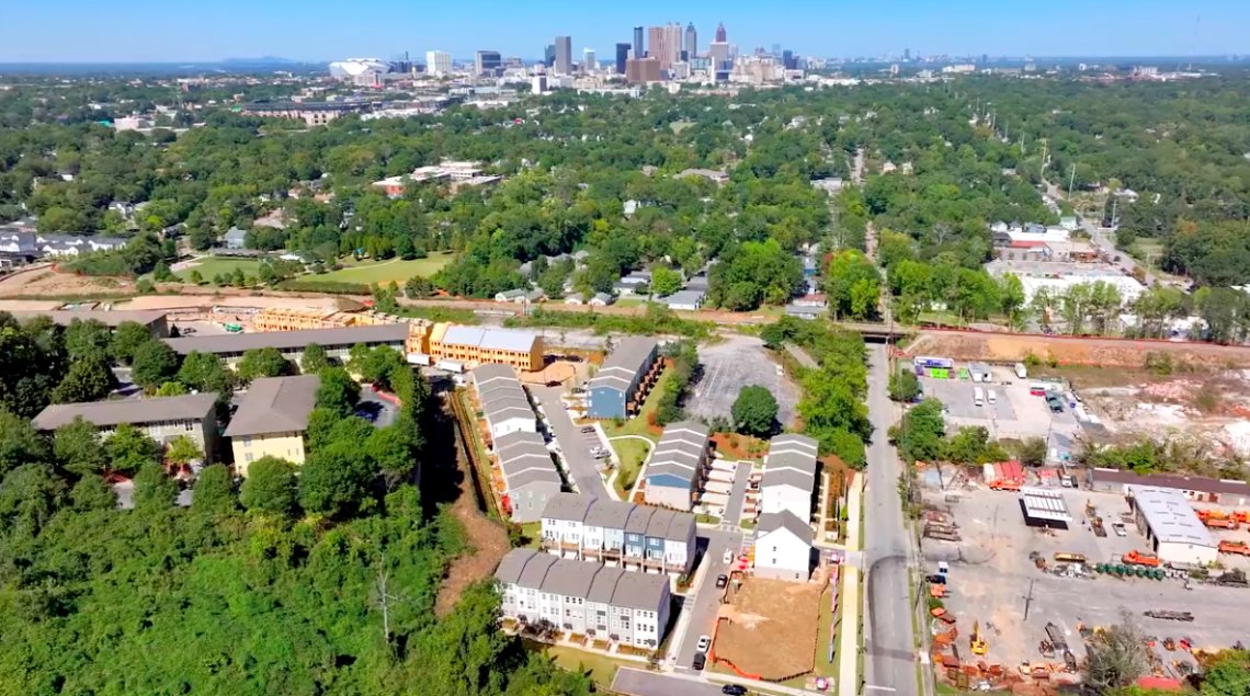 Aerial view of the Skylar development in Chosewood Park, with downtown Atlanta beyond