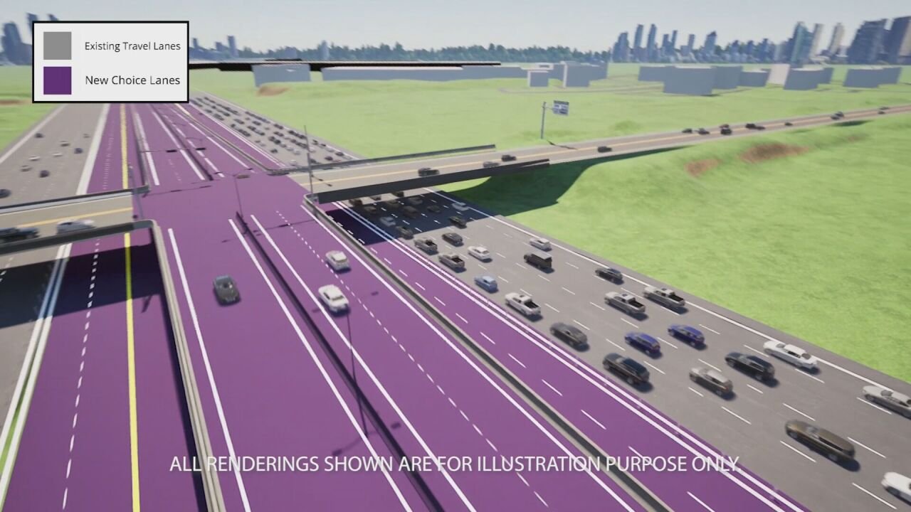 Concept rendering showing new Choice Lanes (purple) alongside existing I-24 travel lanes
