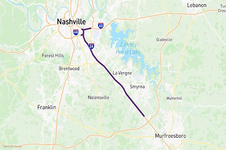 Map of the I-24 Southeast Choice Lanes corridor from downtown Nashville to I-840 near Murfreesboro