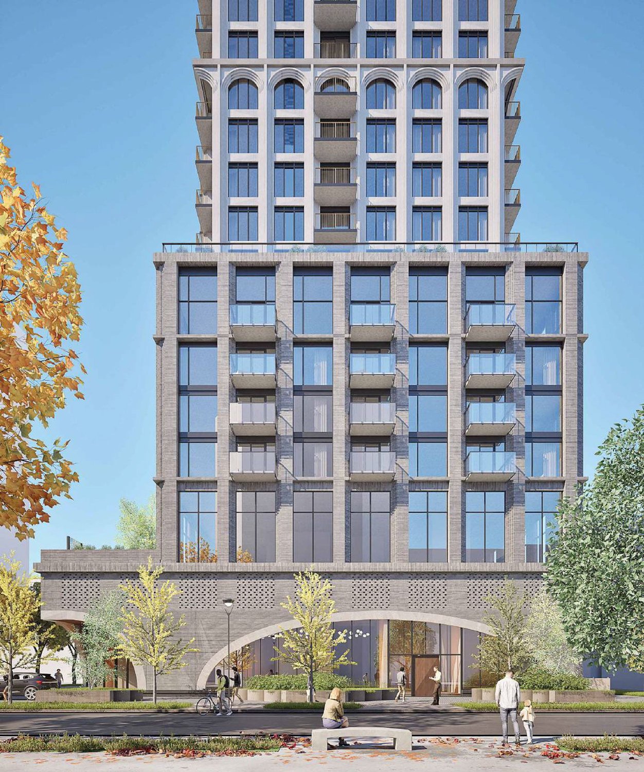 Rendering of the podium and arched entrance of the proposed 59-storey tower at 250 Roehampton Avenue