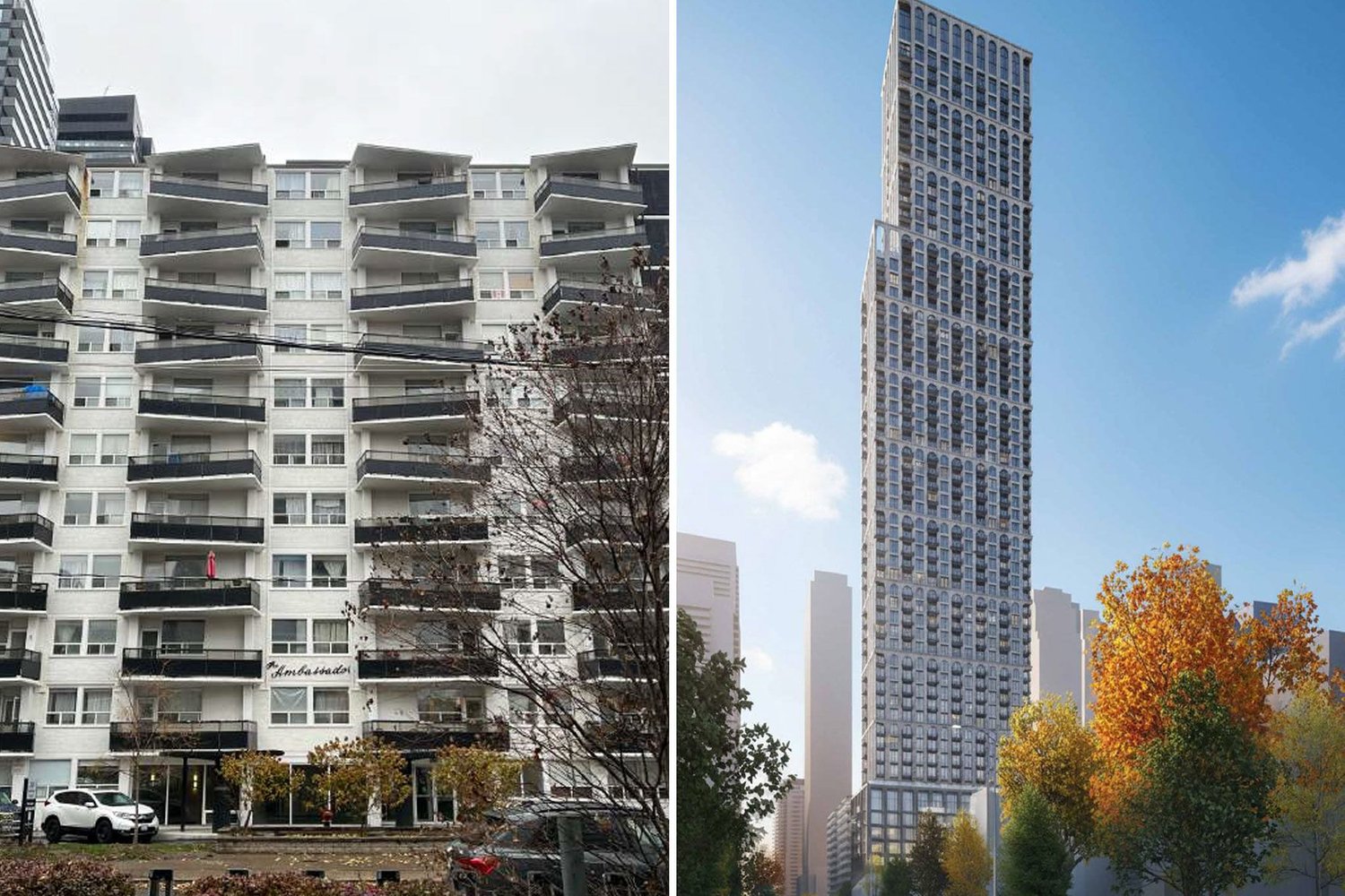 The existing rental building at 250 Roehampton (left) and the proposed 59-storey replacement tower (right)