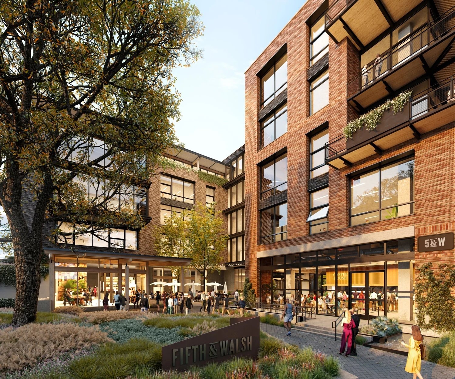 Courtyard rendering of 5th & Walsh, with project signage and activated ground-floor restaurant and retail space