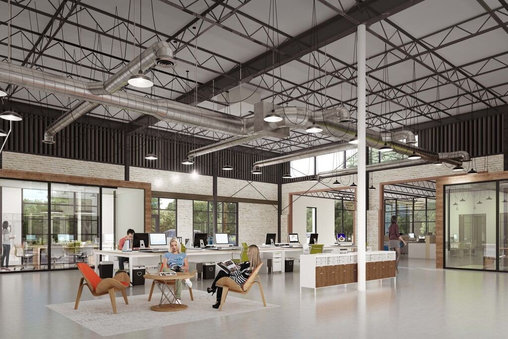 Interior rendering of creative office space at Armour Yards
