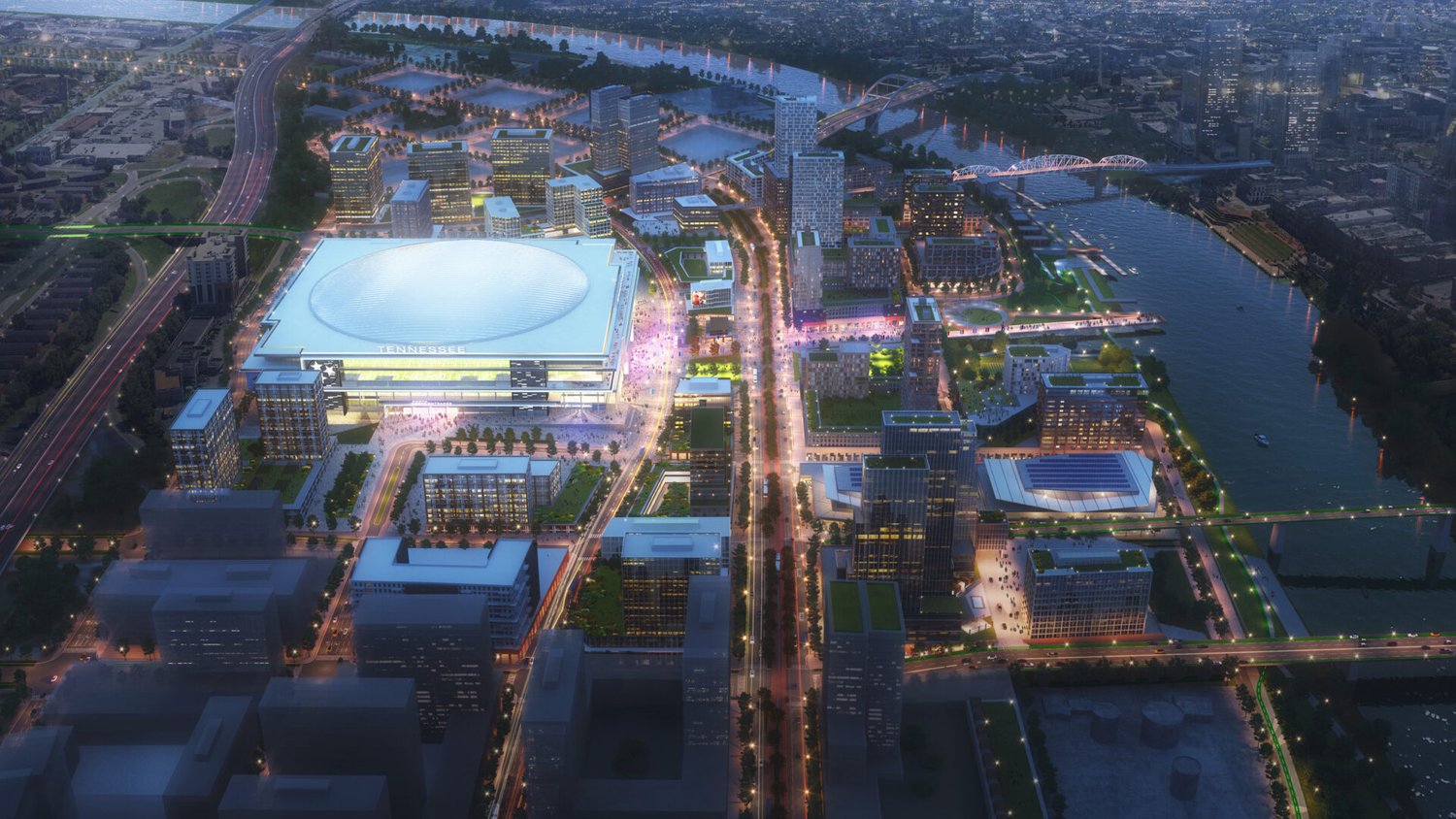 Night aerial rendering of the East Bank district with the new Tennessee stadium, by Perkins Eastman
