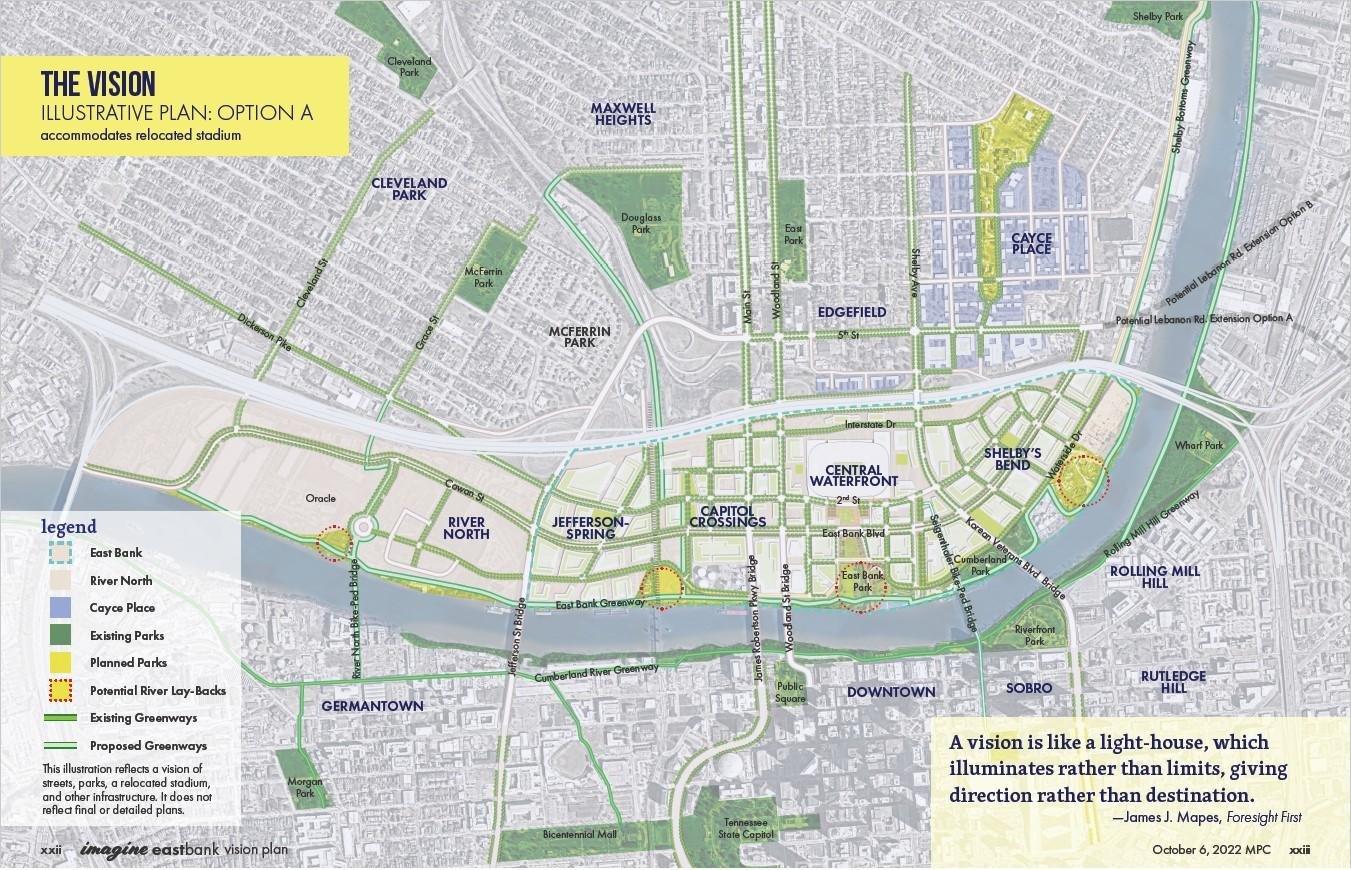 Illustrative vision plan for Nashville's East Bank from the Metro Planning Commission's Imagine East Bank study