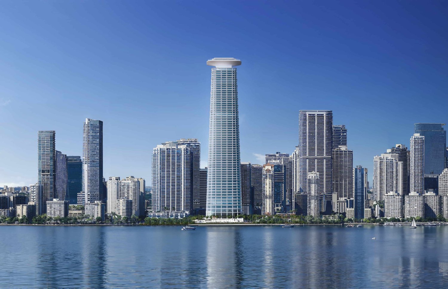 Daytime rendering of the Citadel supertall rising above the Brickell skyline