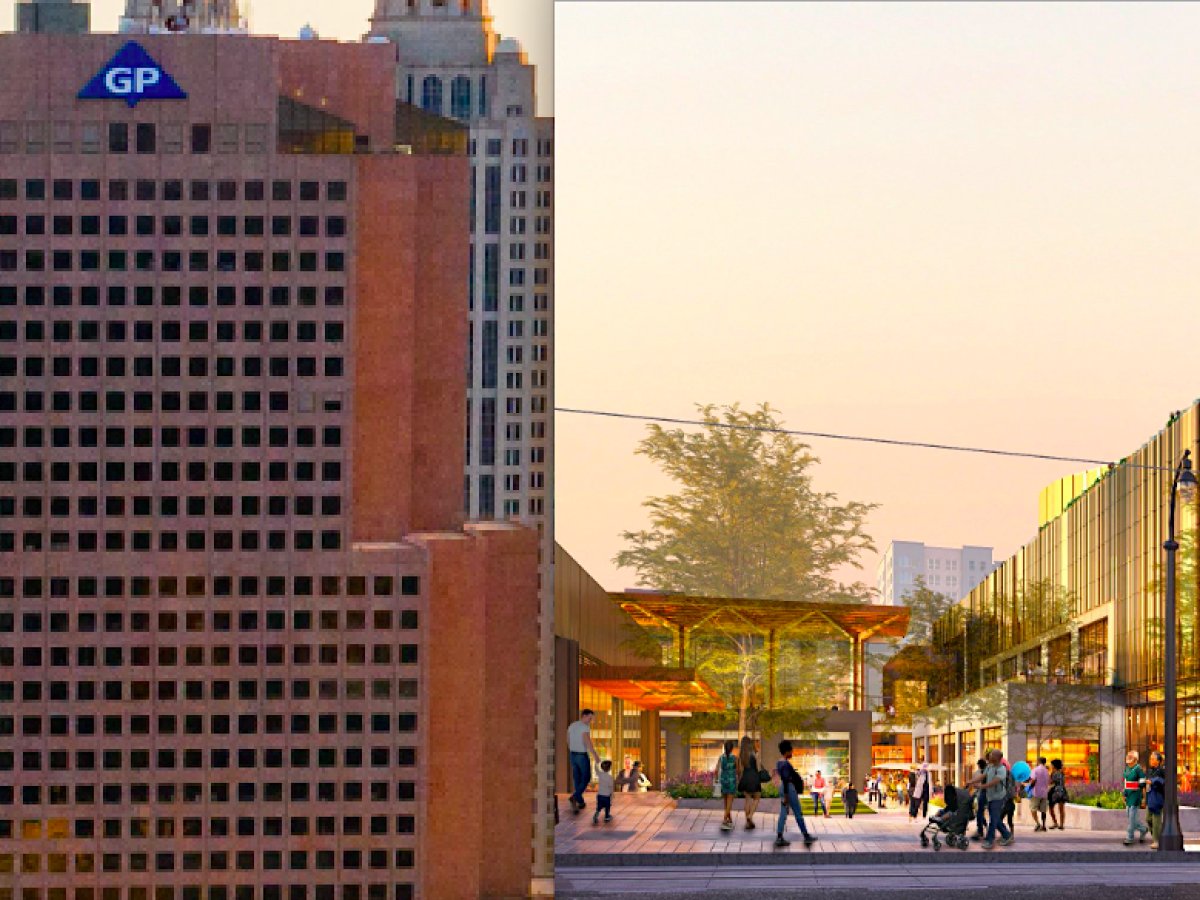 The existing Georgia-Pacific Tower alongside a rendering of the cancelled plaza and retail conversion