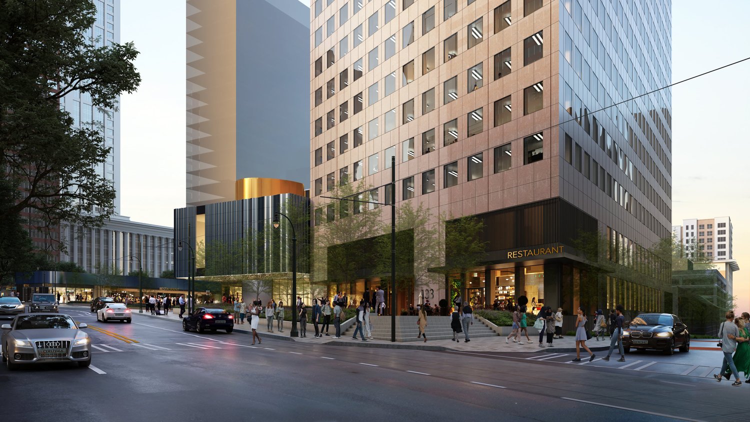 Rendering of the reactivated streetscape and restaurant space at 133 Peachtree St NE