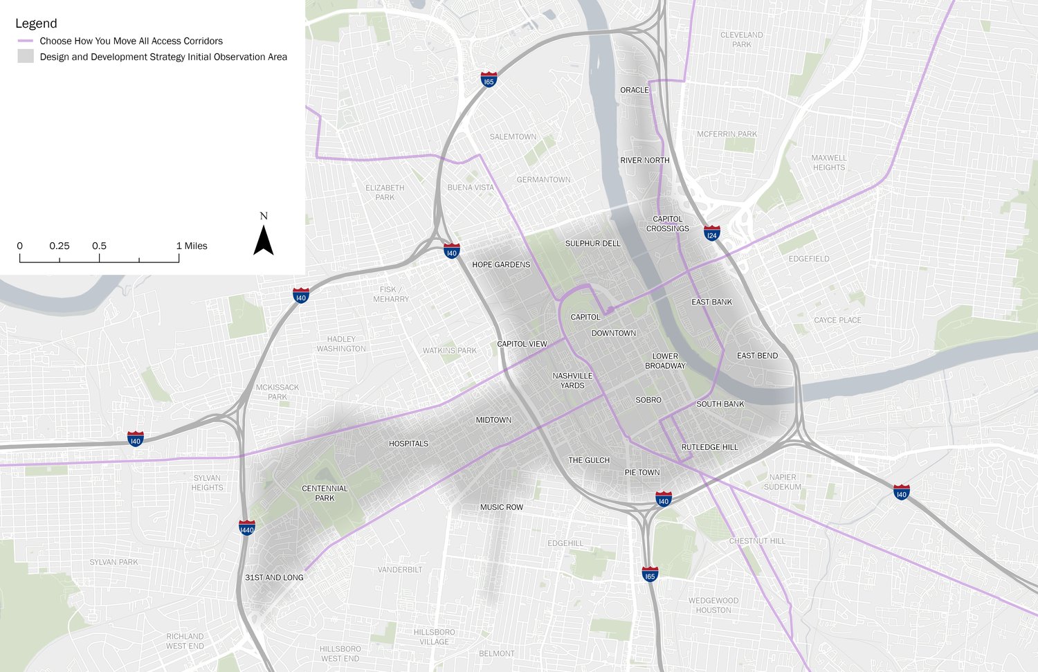 Map of the Design & Development Strategy Initial Observation Area and All Access Corridors in Nashville's urban core