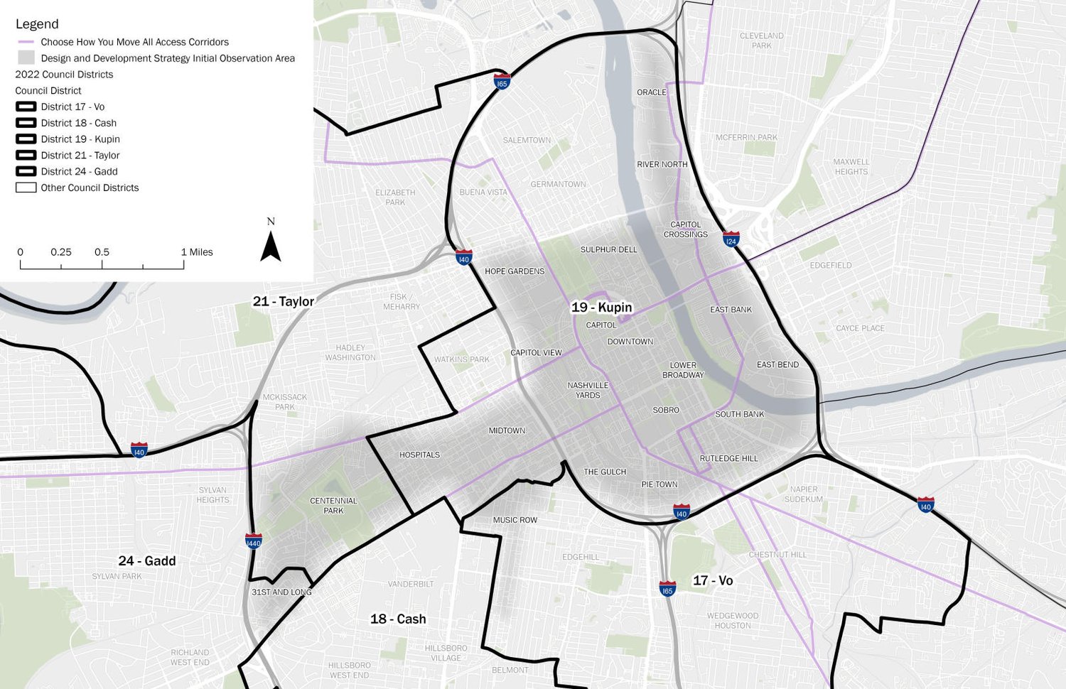 D&DS Initial Observation Area shown with Metro Council districts covering Nashville's urban core