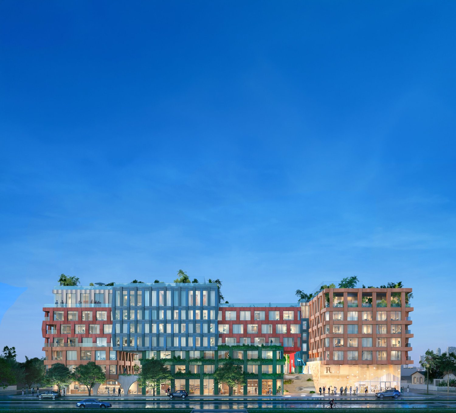 Dusk rendering of WOMA's colorful facades along the street frontage