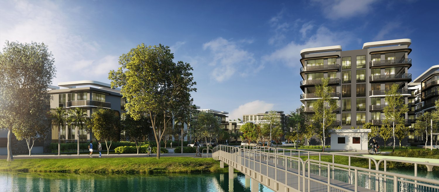 Rendering of Palm Aire's lakefront promenade and pedestrian bridge