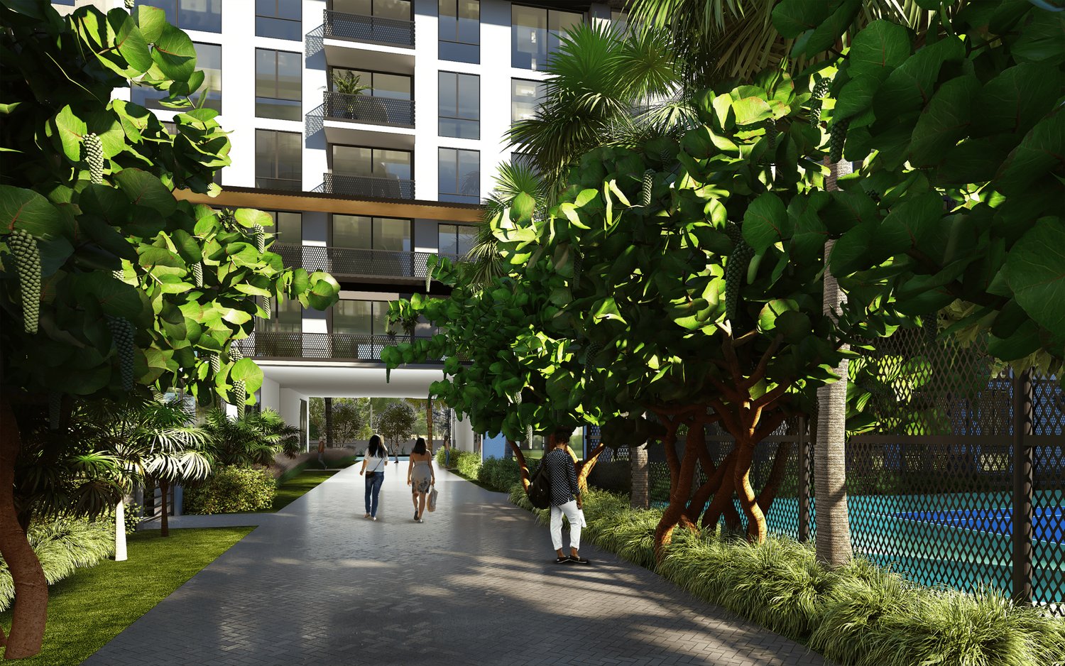 Rendering of Palm Aire's landscaped walkways and tennis courts