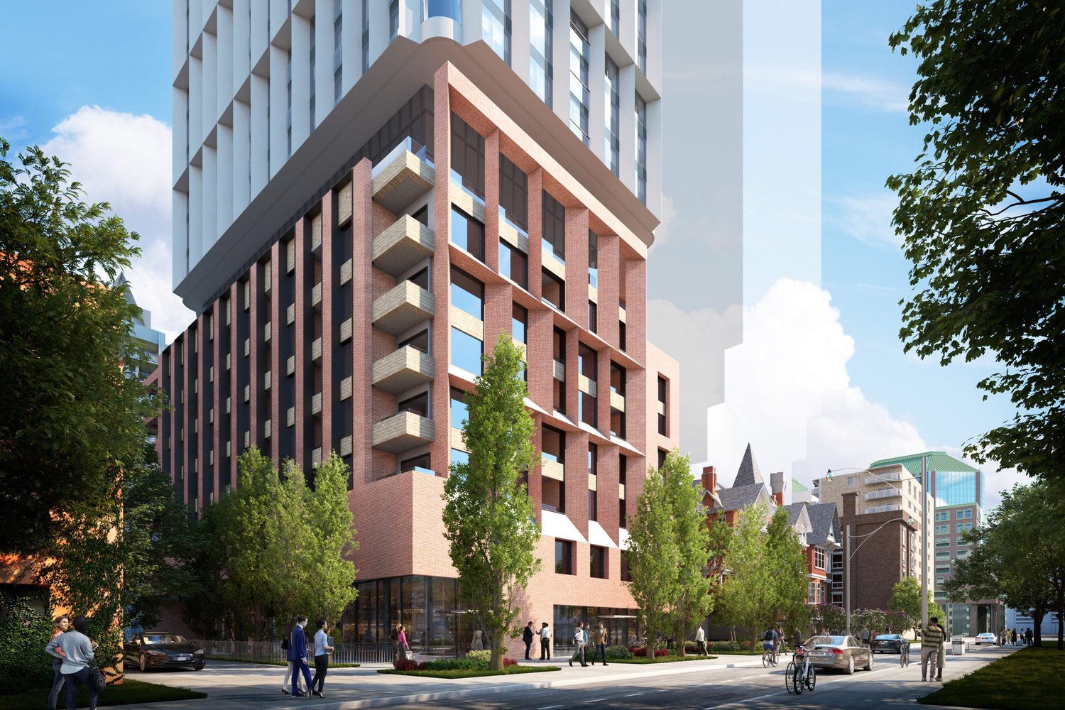 Street-level rendering of 88 Isabella's brick podium and tower base
