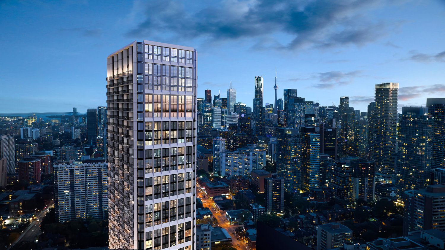 Aerial dusk rendering of 88 Isabella with the downtown Toronto skyline