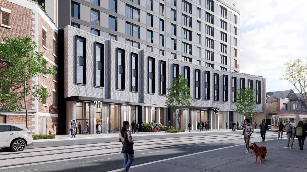 Rendering of the Dundas Street frontage of the 218 Dundas East redevelopment, showing new mid-rise block beside the heritage building