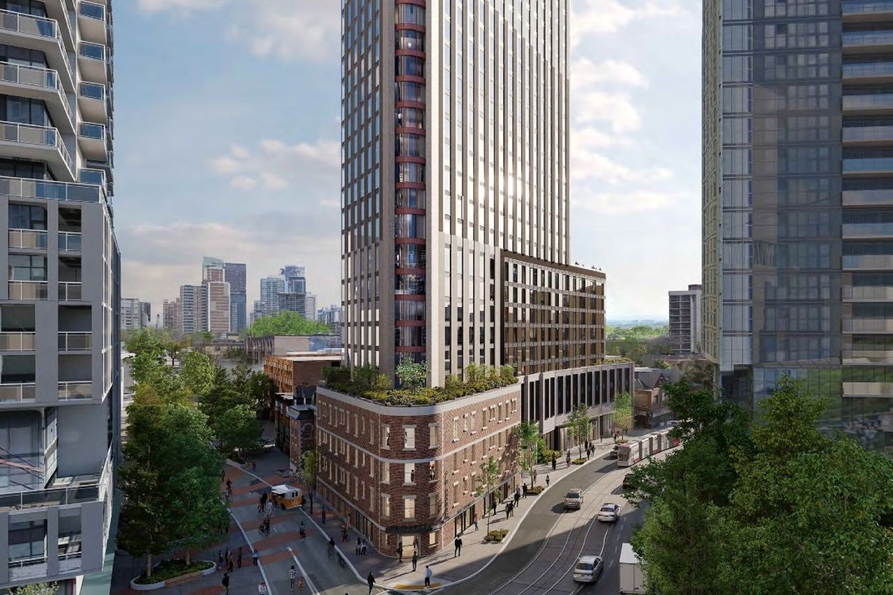 Rendering of the 44-storey rental tower at 218 Dundas East viewed from the southwest