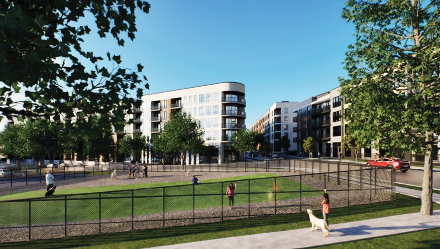 Rendering of Modera Chestnut Hill showing the central green space and residential buildings