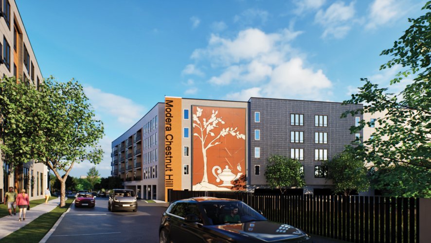 Rendering of Modera Chestnut Hill with project signage and mural along the street frontage