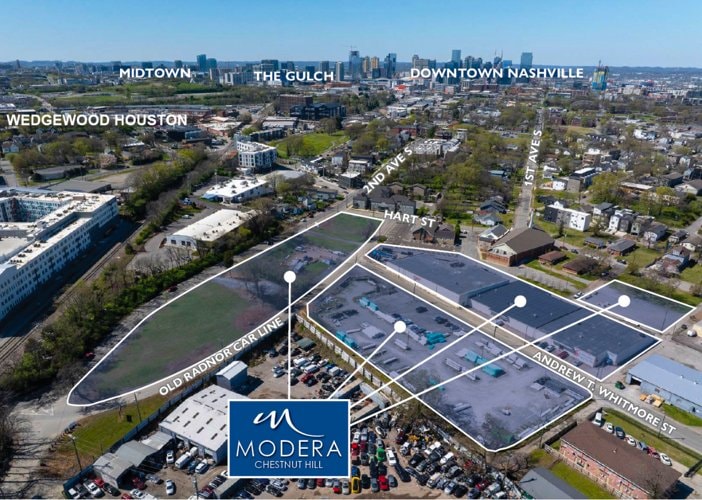Aerial view of the Modera Chestnut Hill development site near Wedgewood-Houston, with downtown Nashville beyond