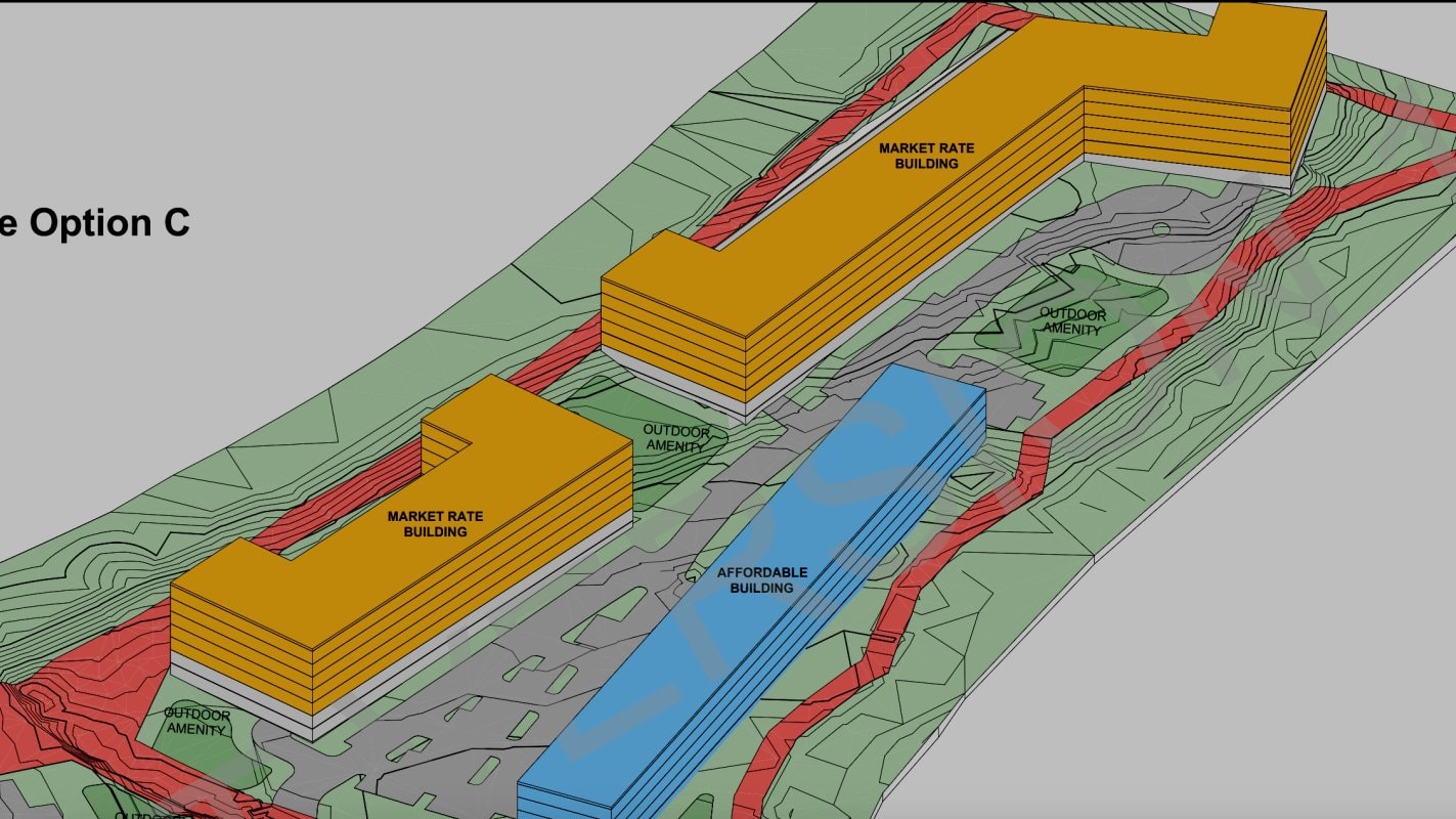 Conceptual massing diagram (Option C) showing market-rate and affordable buildings at Trestletree Village