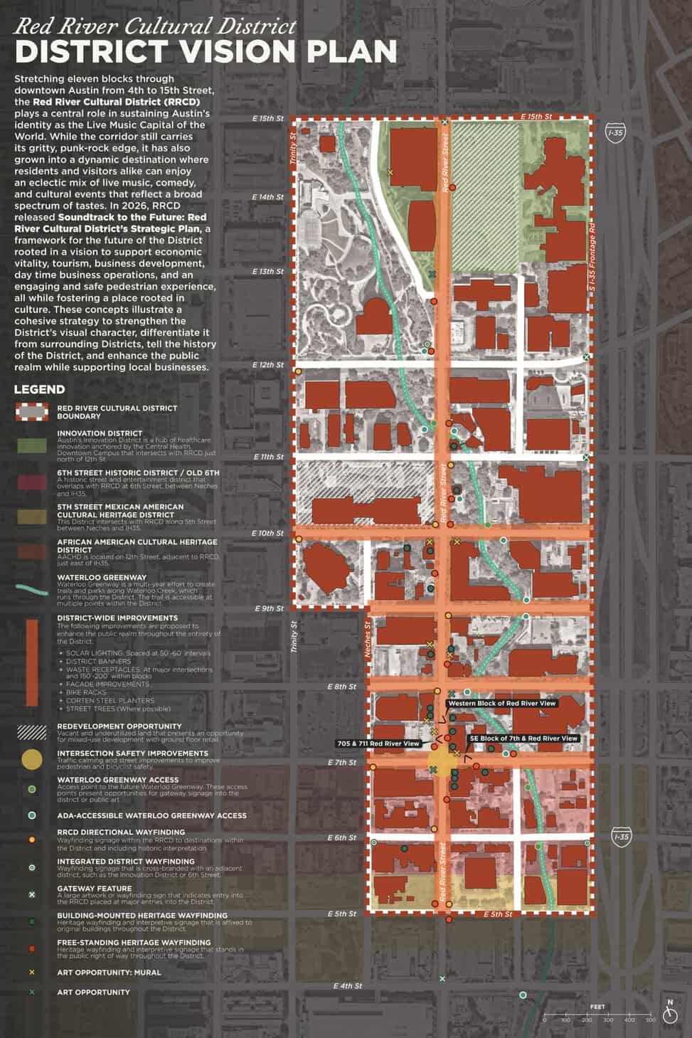 Red River Cultural District Vision Plan map outlining proposed district-wide improvements from 4th to 15th streets