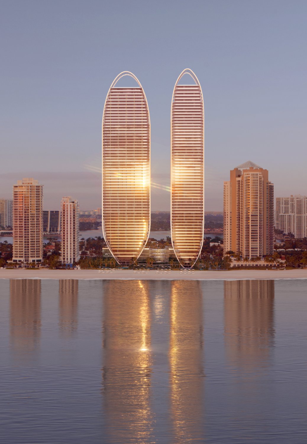 Oceanfront rendering of The St. Regis Residences twin towers along the Sunny Isles Beach shoreline