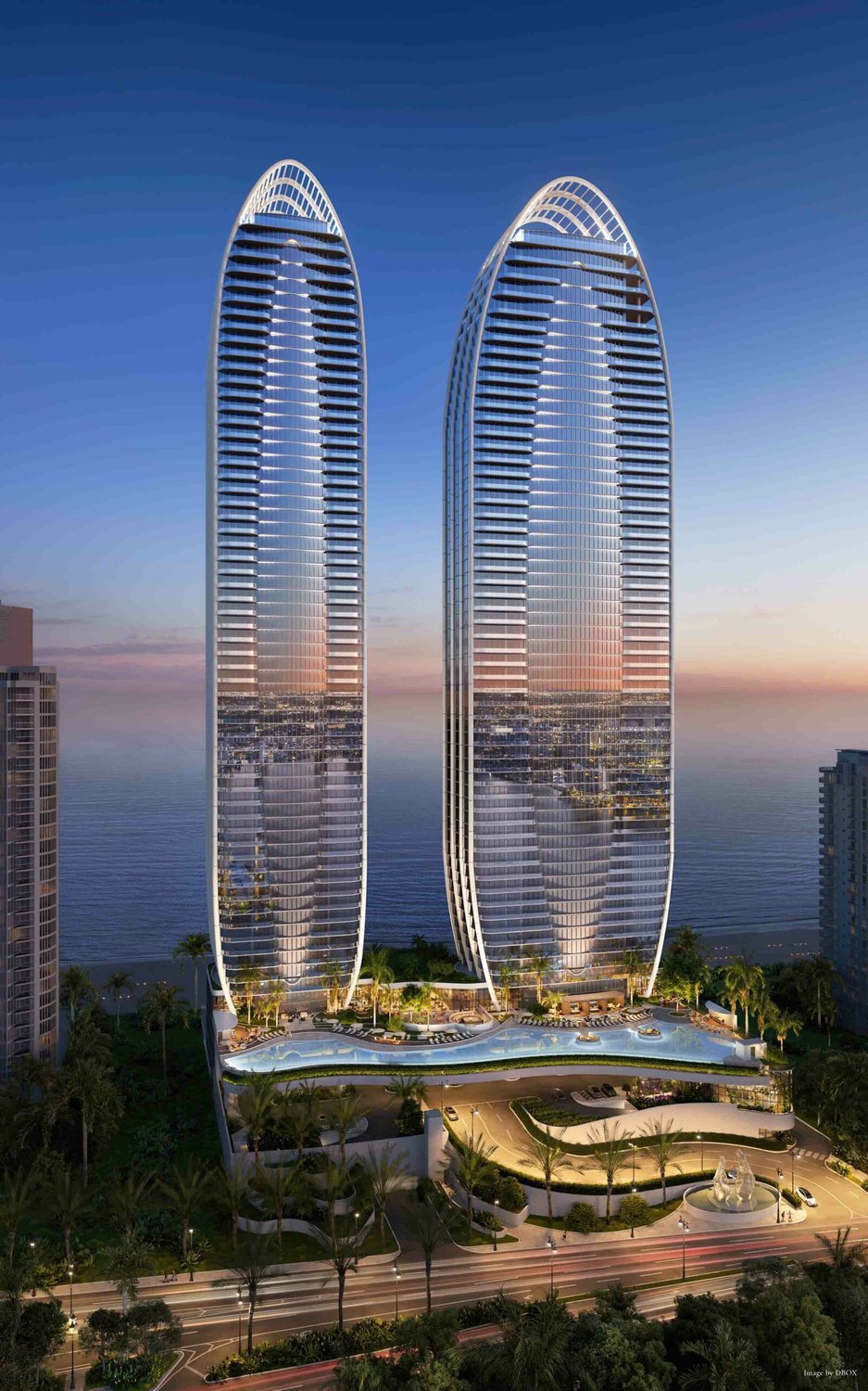 Rendering of the twin towers of The St. Regis Residences, Sunny Isles Beach at dusk