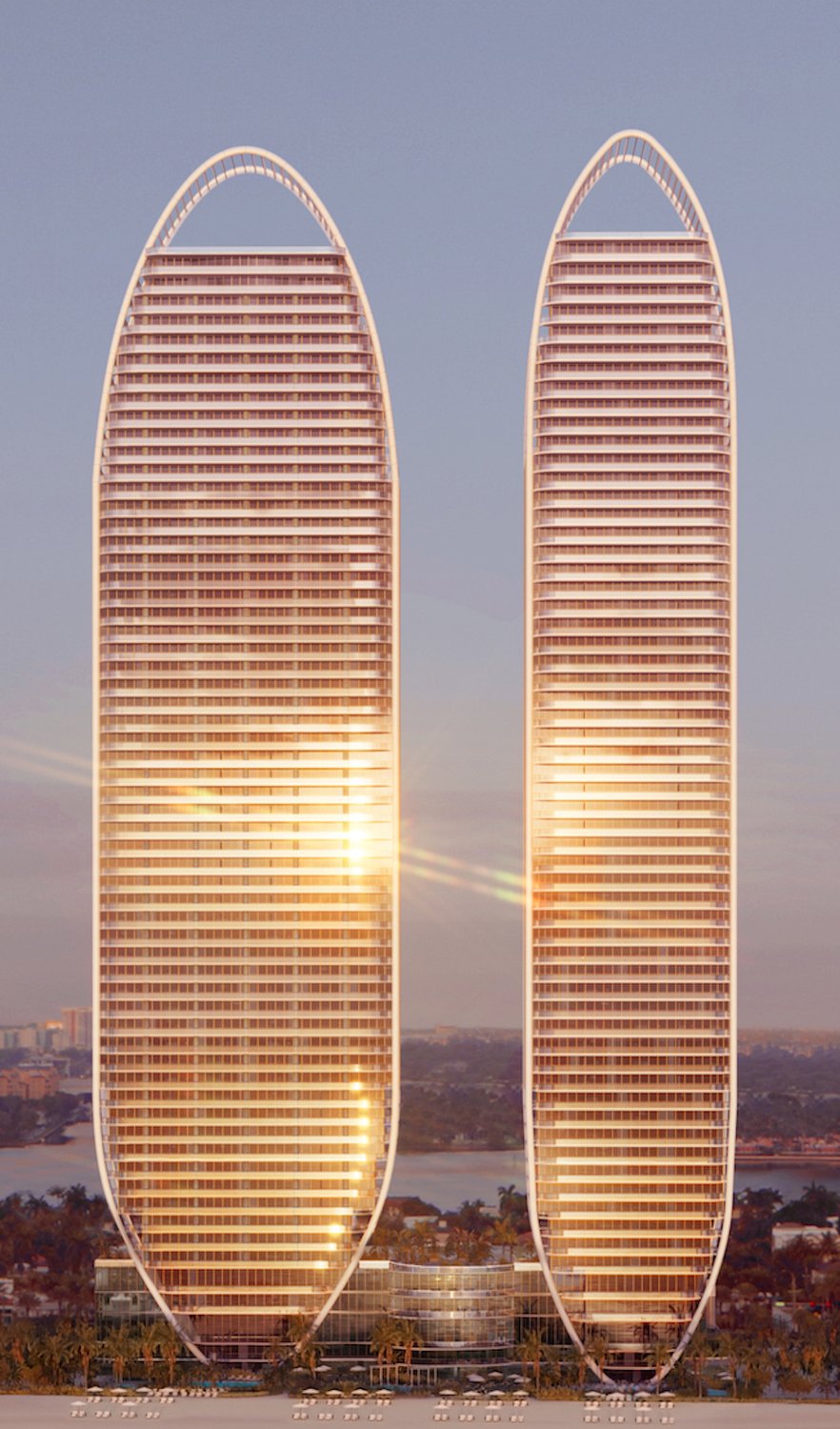 Beachfront elevation rendering of the twin towers at The St. Regis Residences, Sunny Isles Beach