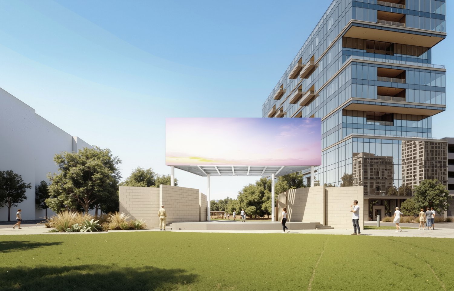 Rendering of The Terraces tower rising beside HALL Park's event lawn and performance pavilion