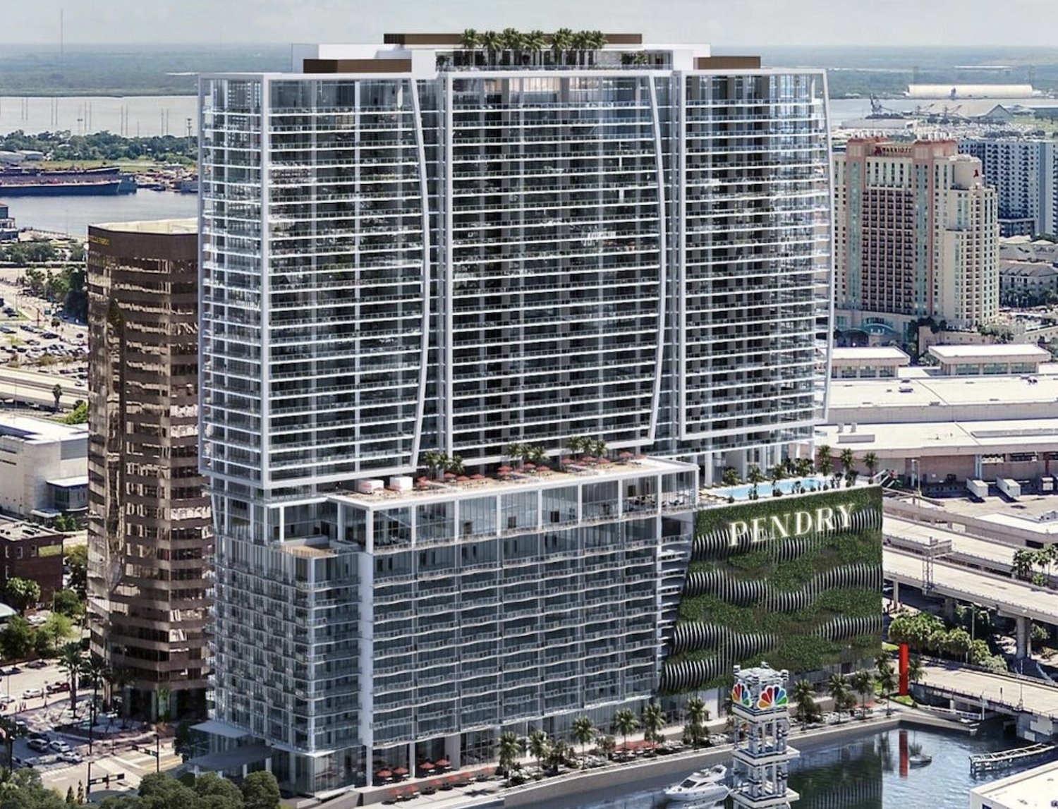 Rendering of the 38-story Pendry Tampa tower and residences overlooking the Tampa Riverwalk