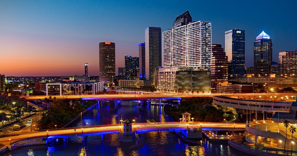Dusk rendering of Pendry Tampa in the downtown Tampa skyline along the Hillsborough River