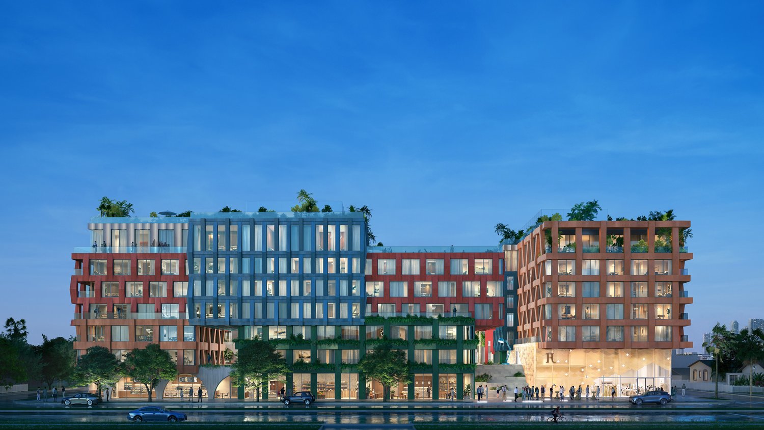 Dusk rendering of WOMA's illuminated street-facing facade