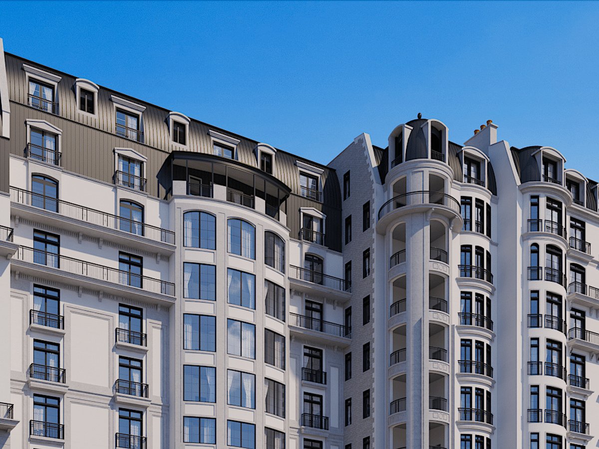 Close-up rendering of the Corso Atlanta expansion tower's Parisian-style facade