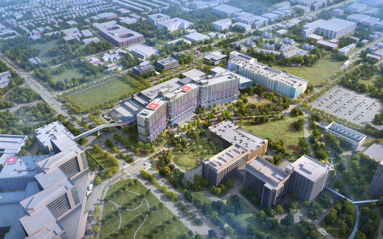 Aerial rendering of the new pediatric campus within the Southwestern Medical District