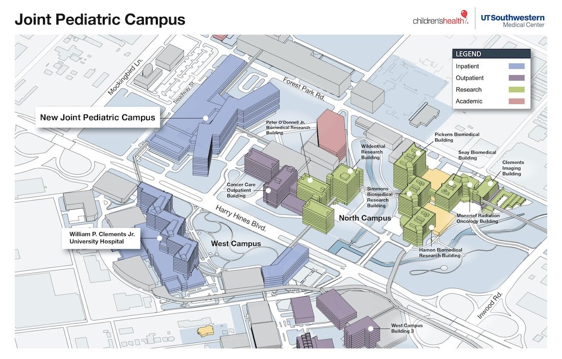 Site plan showing the new joint pediatric campus location within the Southwestern Medical District