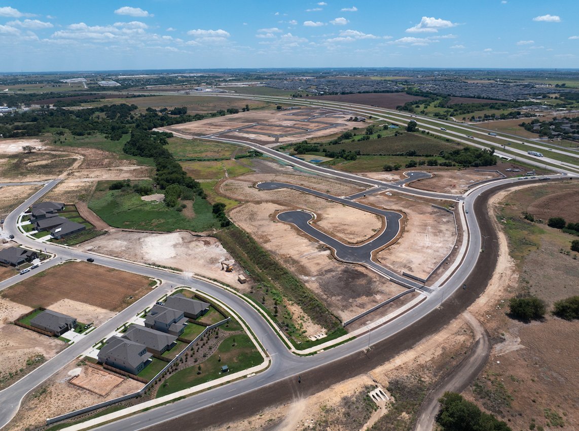 Aerial view of site work and new streets at East View Farms, Georgetown, TX