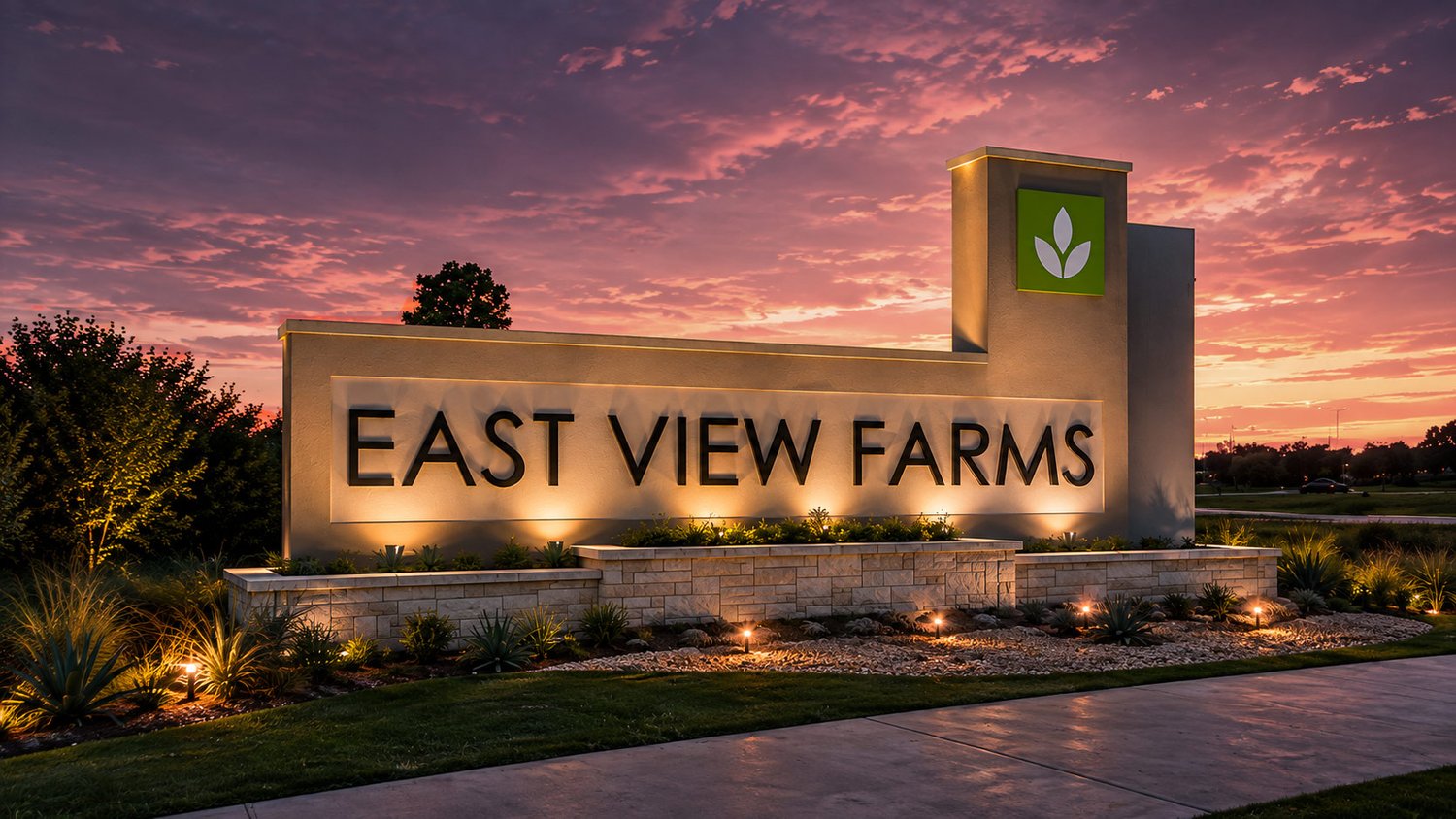 Rendering of the East View Farms entry monument at dusk, Georgetown, TX