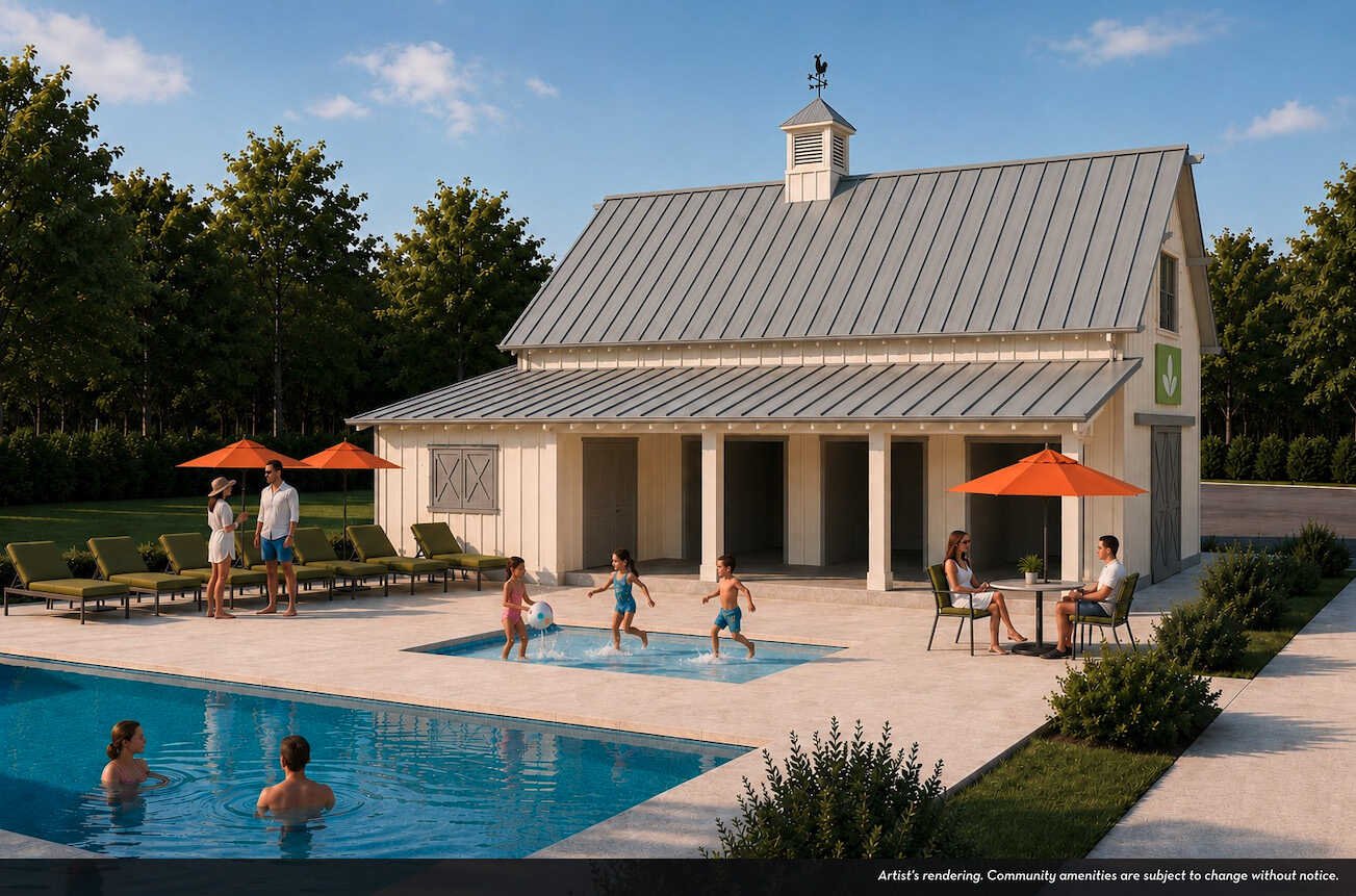 Rendering of the amenity center and pool at East View Farms, Georgetown, TX