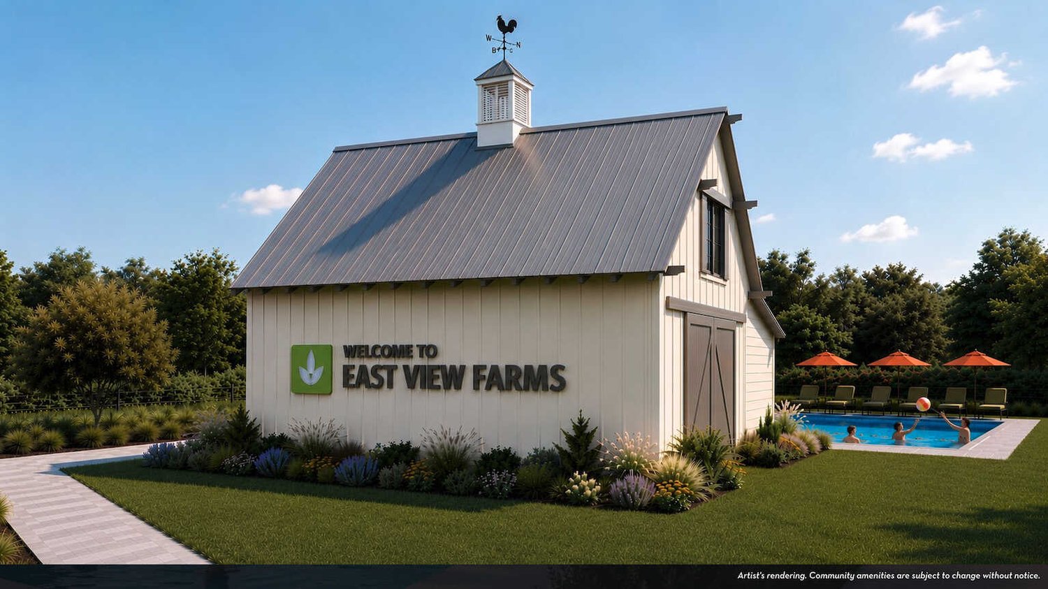 Rendering of the welcome barn and pool amenity at East View Farms in Georgetown, TX